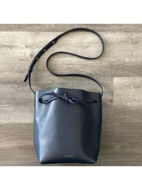 Mansur Gavriel Leather Bucket Bag Drawstring Navy Blue Gold Hardware Purse $695